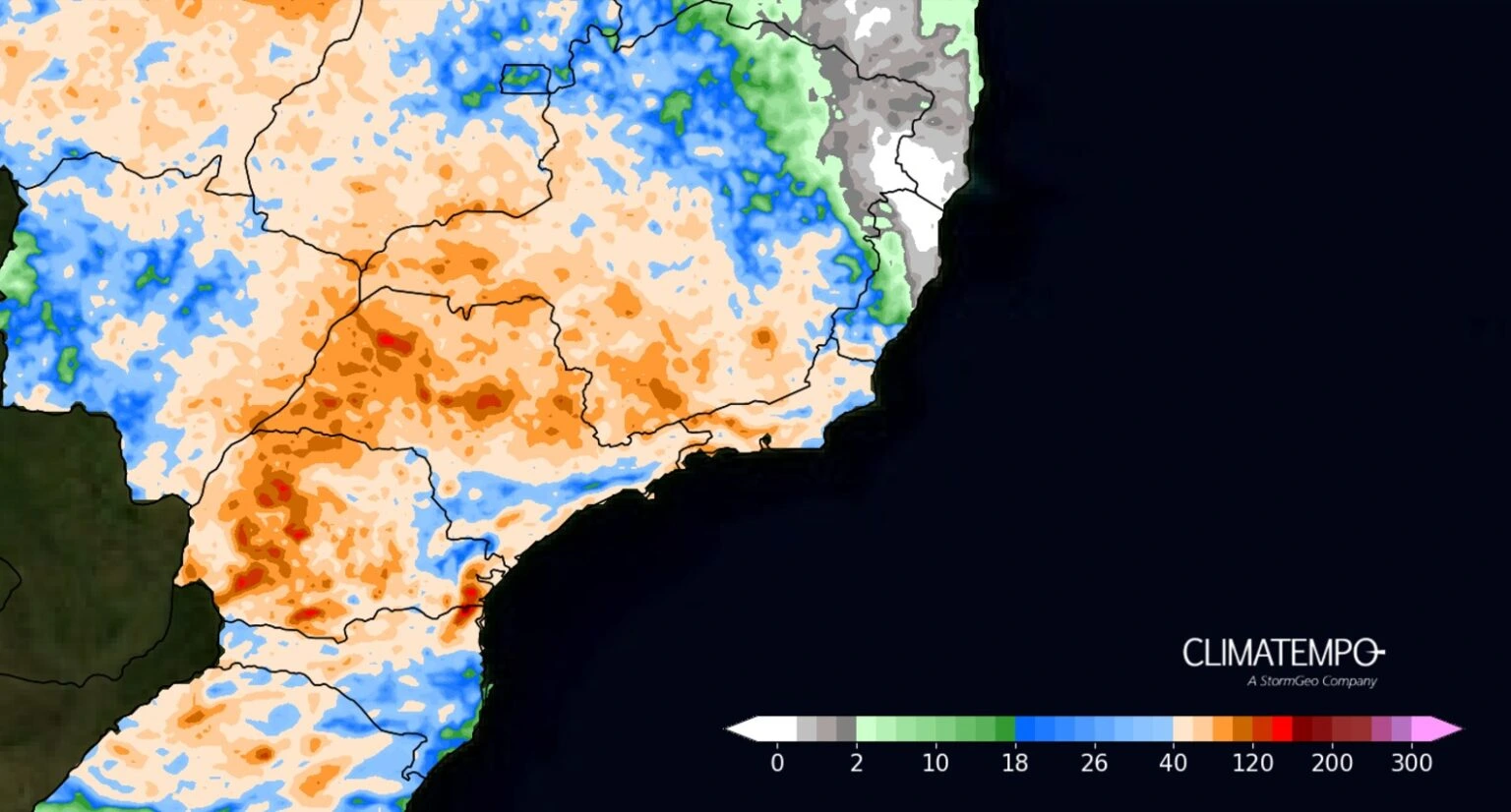 Mapa que mostra os acumulados previstos para a próxima semana na região sudeste